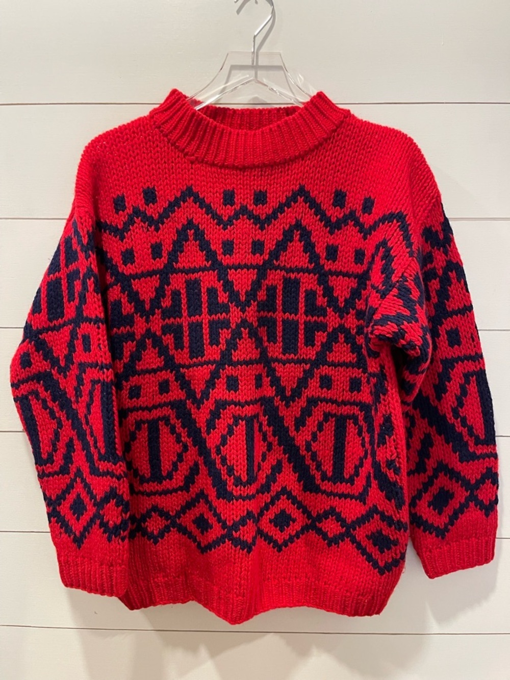 Vintage Jones New York Hand Knitted Red & Navy Wool Sweater Size Large